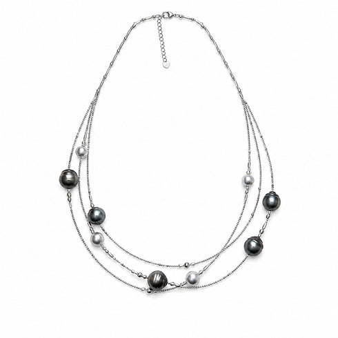 6-10mm Tahitian Baroque Pearl triple-layer necklace on silver-tone chains