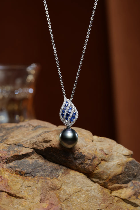 Tahitian Black Pearl Blue Sapphire Leaf Pendant - Necklaces made with hand-selected pearls from House of Pearls