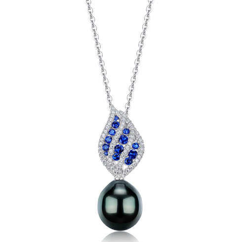 Tahitian Black Pearl Blue Sapphire Leaf Pendant - Necklaces made with hand-selected pearls from House of Pearls