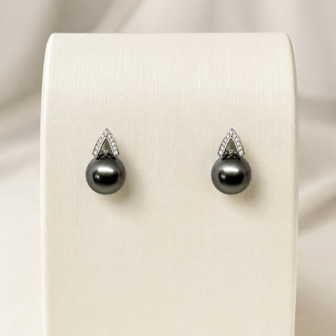 Earrings: Tahitian South Sea Pearl Apex Noir Studs with diamond-accented silver triangle tops, House Of Pearls - XM pair.