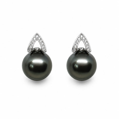 Tahitian South Sea Apex Noir Stud Earrings pair with dark grey pearls and pavé diamond mounts by House Of Pearls XM