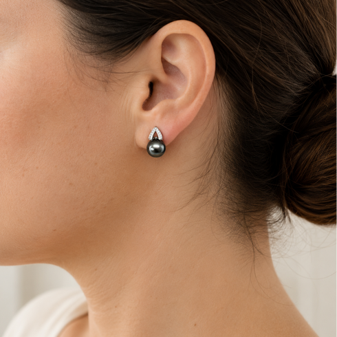 Tahitian South Sea Pearl Apex Noir Stud Earrings with diamond-accented arc setting by House Of Pearls XM
