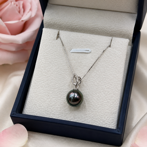 Tahitian pearl CZ leaf pendant necklace on sterling silver chain, 10–11mm peacock-dark pearl.