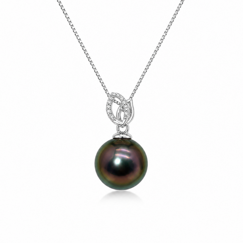 Necklace by House of Pearls featuring a 10–11mm Tahitian pearl and CZ leaf pendant in sterling silver