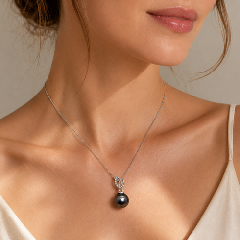Tahitian pearl CZ leaf pendant necklace in sterling silver on a delicate chain