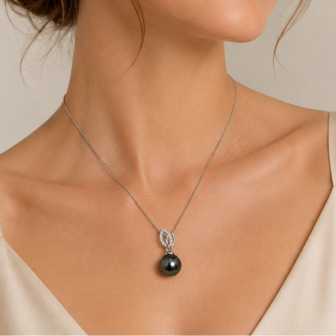 Necklace with 10–11mm Tahitian pearl and CZ leaf pendant in sterling silver