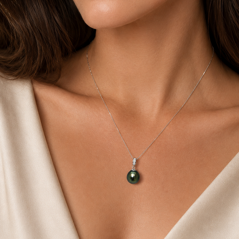 Necklace: 10–11mm Tahitian greenish-black pearl CZ pendant on sterling silver chain, House of Pearls