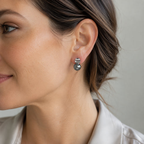 Earrings: House Of Pearls 10–11mm Tahitian Pearl Eclipse Studs with silver-toned disc tops and dark pearls.