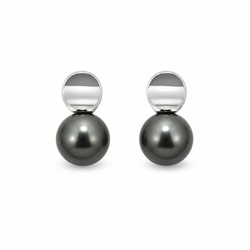 Pair of 10–11mm Tahitian pearl eclipse stud earrings with silver-tone caps