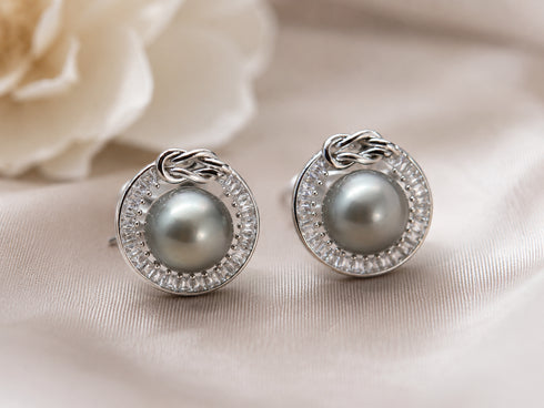 Pair of 10-11mm Tahitian pearl halo stud earrings in sterling silver