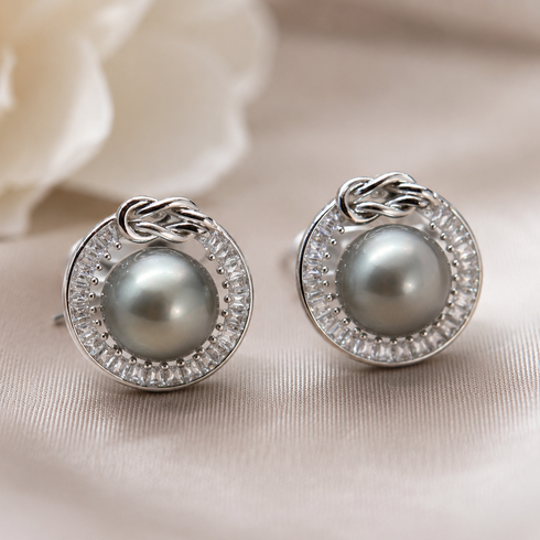 Pair of 10-11mm Tahitian pearl halo stud earrings in sterling silver