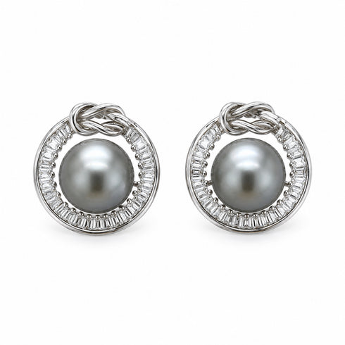 Pair of House Of Pearls 10–11mm Tahitian Pearl Halo Stud Earrings in sterling silver