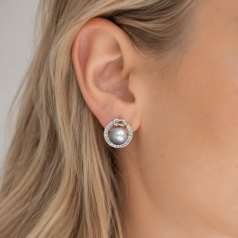 Earrings: 10–11mm Tahitian pearl halo studs in sterling silver, grey pearl with pavé halo