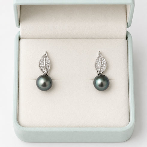 9-10mm Tahitian Pearl Leaf Earrings by House Of Pearls; silver leaf tops with pavé diamonds and dark Tahitian pearls.