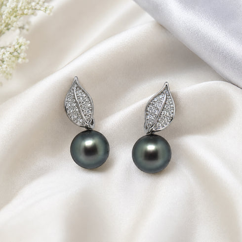 House Of Pearls Tahitian Pearl Leaf Earrings, silver-tone leaf setting with dark Tahitian pearls (pair)