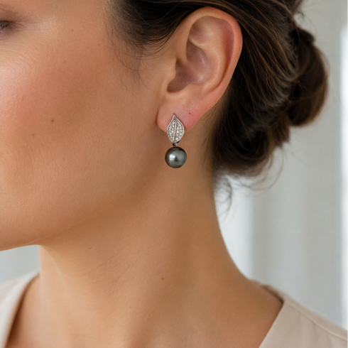 Earrings: House Of Pearls Tahitian Pearl Leaf Drop with a silver pavé leaf and a 9-10mm dark gray pearl