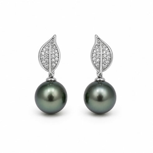 Earrings, 9-10mm Tahitian pearl leaf earrings with pavé diamonds on silver leaf tops (2)