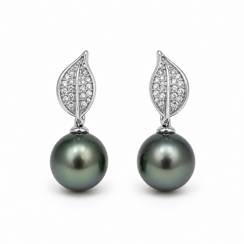 Earrings, 9-10mm Tahitian pearl leaf earrings with pavé diamonds on silver leaf tops (2)
