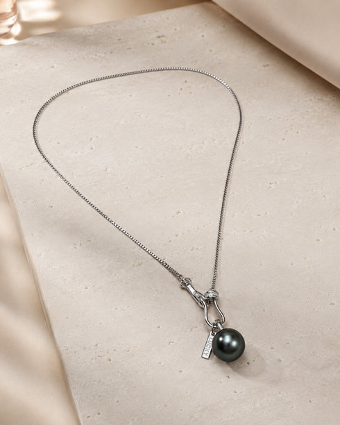 11-12mm Tahitian Pearl Lucky Chain Pendant Necklace in Sterling Silver