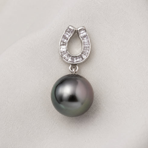 Earrings: Tahitian South Sea Pearl Lunar Arch by House Of Pearls; silver pavé-arch with a dark drop pearl