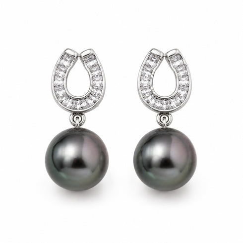 Tahitian South Sea Pearl Lunar Arch Earrings, House Of Pearls, with dark grey pearl drops and pavé crystal arches