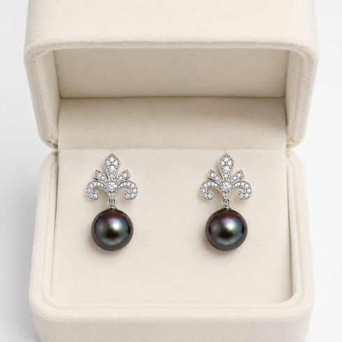 Earrings: House Of Pearls TA 10–11mm Tahitian Noir Iris Crown Drop, diamond fleur-de-lis top with pearl drops.