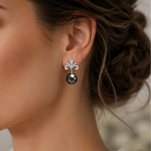 Earrings - House Of Pearls TA: 10–11 mm Tahitian Noir Iris Crown Drop with a black pearl