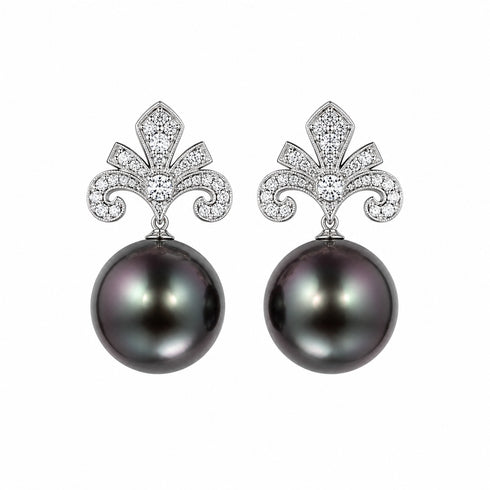 Earrings, 10–11 mm Tahitian Noir Iris Crown Drop with diamond-studded crown and dark pearls, pair of luxe drops