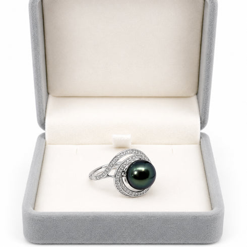 Ring: House Of Pearls 10-11mm Tahitian pearl diamond open ring with pave diamonds on curved bands, white metal