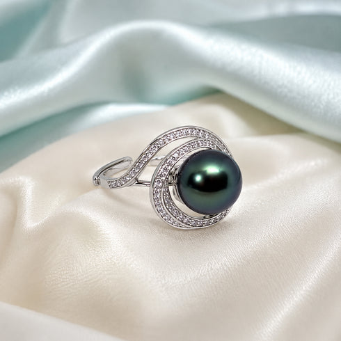 Rings: Tahitian Pearl Diamond Open Ring with 10–11mm dark pearl and pave diamond swirls on a silver band