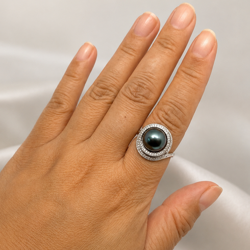 Ring by House Of Pearls: Tahitian pearl diamond open ring, 10–11mm with diamond halo.
