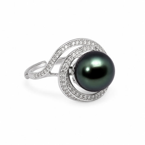 Ring, House Of Pearls: Tahitian pearl diamond open ring with a 10–11mm dark pearl and pavé diamonds.