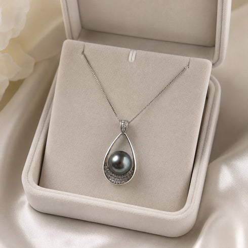 11-12mm Tahitian Pearl Ocean Tear Pendant Necklace on a silver chain with pavé diamond accents