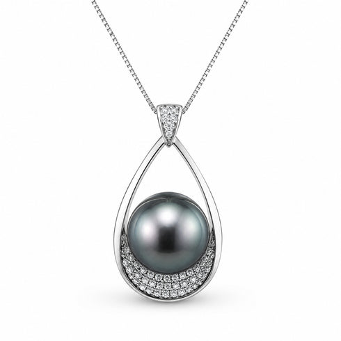 11-12mm Tahitian pearl teardrop pendant on silver necklace with pave diamonds, House of Pearls