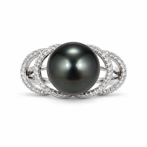 11-12mm Tahitian Pearl Ocean Weave Ring with diamond-studded interwoven bands in white metal