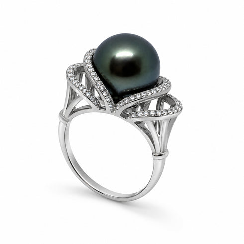 Ring, 11–12mm Tahitian Pearl Ocean Weave, silver setting with pavé diamonds, House Of Pearls