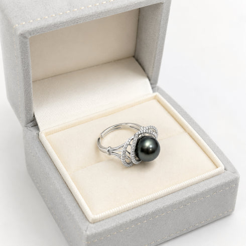 11-12mm Tahitian Pearl Ocean Weave Ring in silver-tone with diamond accents, displayed in a cream jewelry box