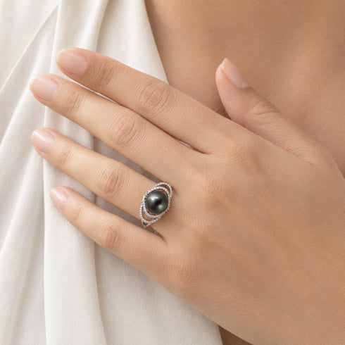 11-12mm Tahitian Pearl Ocean Weave Ring with pavé diamonds on a silver band