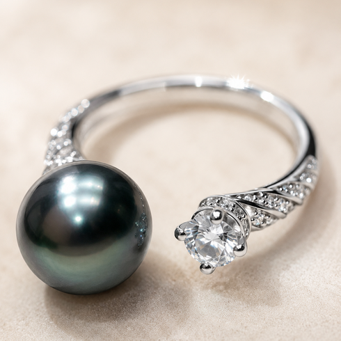 Ring: 10-11mm Tahitian pearl and CZ open ring, silver band with pavé accents