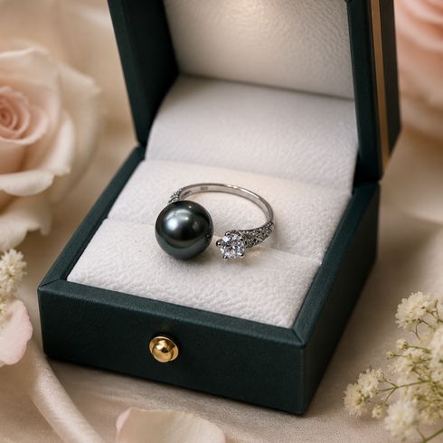 10-11mm Tahitian Pearl CZ Open Ring on silver-tone band