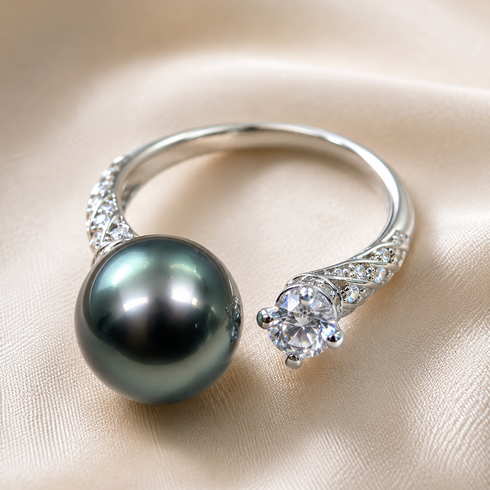 Rings: House Of Pearls Tahitian Pearl CZ Open Ring, silver band with 10–11mm pearl and pavé diamonds.