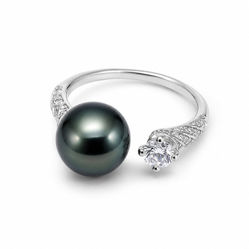 Ring, 10–11mm Tahitian pearl with CZ, open silver band, House Of Pearls -TA