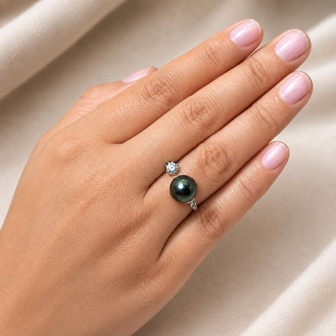 Ring: 10-11mm Tahitian pearl CZ open ring on a silver band, House Of Pearls -TA