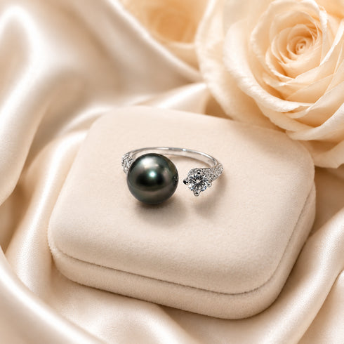 Ring, 10-11mm Tahitian pearl with CZ accent, open silver-toned band