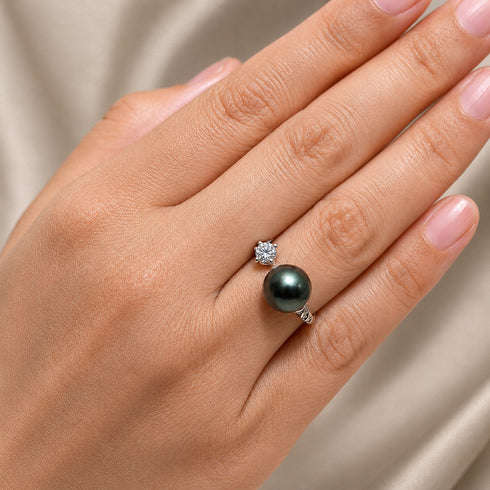 Ring with 10–11mm Tahitian pearl and CZ accent, open design on a silver-tone band