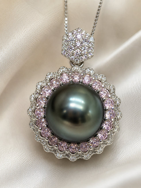 Necklace pendant featuring an 11–12mm Tahitian pearl with pink CZ halo, sterling silver, House of Pearls