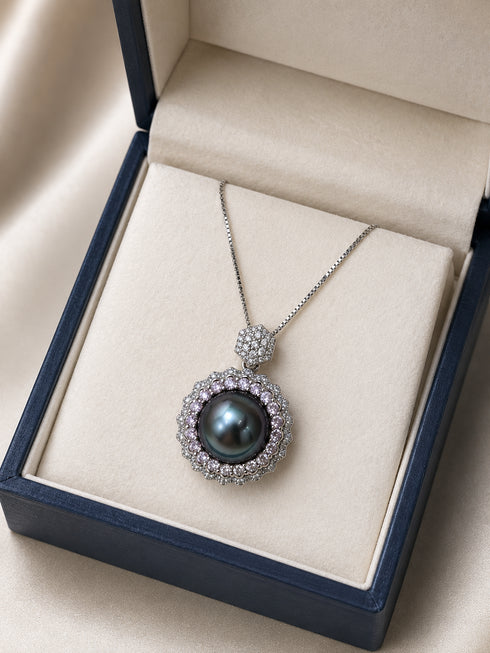 Tahitian pearl halo pendant necklace in sterling silver with CZ halo, 11–12mm, House of Pearls