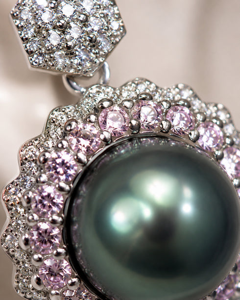 Pendant necklace featuring an 11–12mm Tahitian pearl with pink CZ halo in sterling silver, House of Pearls