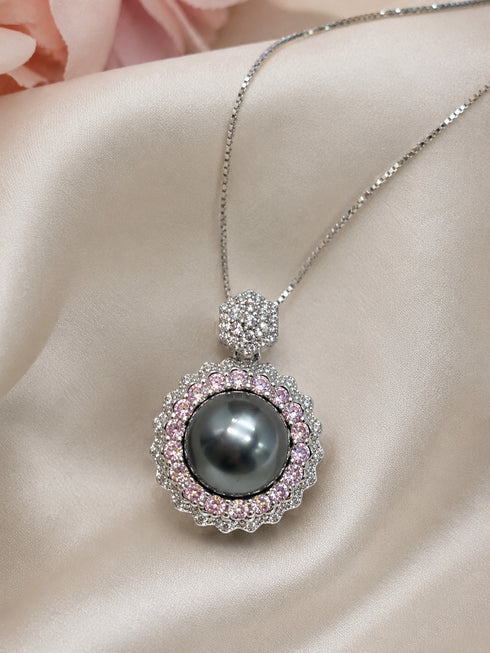 House of Pearls 11-12mm Tahitian pearl pendant necklace with pink and white CZ halo in sterling silver