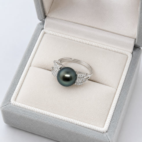 Ring, 11–12mm Tahitian pearl with a diamond-accented silver band, House Of Pearls